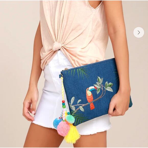 Lulu's Tropical Toucan Blue Denim Embroidered Clutch - Picture 1 of 8